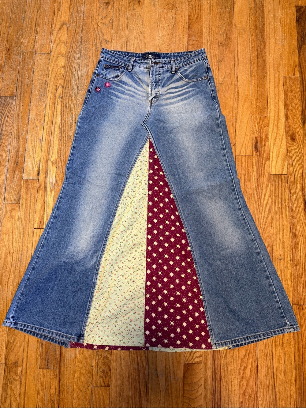 90’s Y2K denim LEI floral patchwork maxi skirt vintage